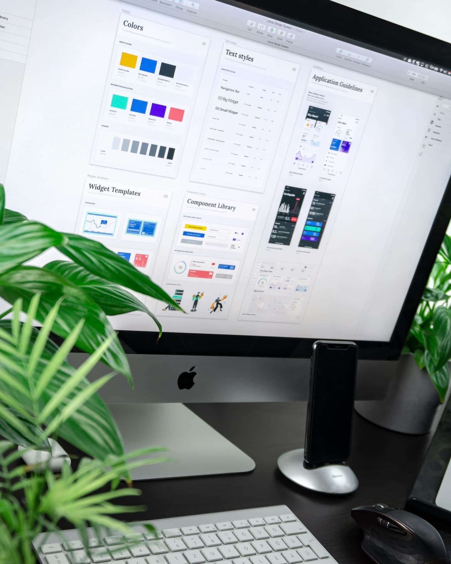 A designer's screen showing a UI design system with colours and components
