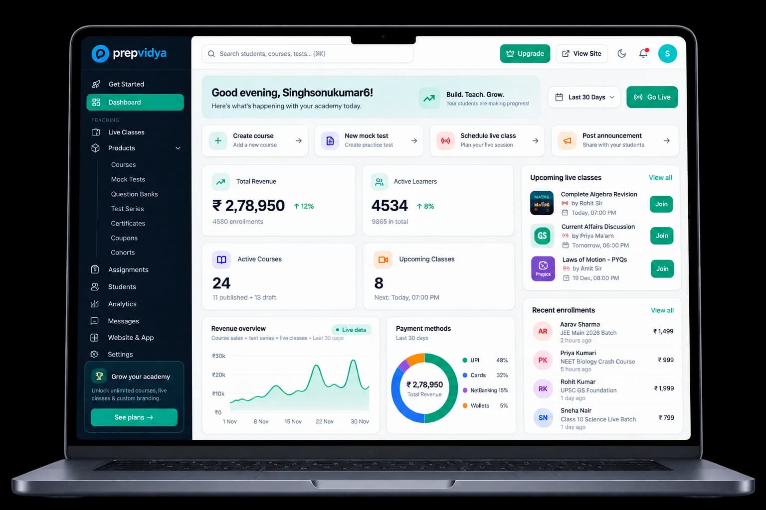 PrepVidya academy dashboard — revenue, learners, live classes and payments in one place